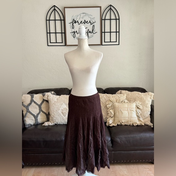 Harold’s Brown Lace Trim Tiered Midi Skirt Size 8 Classic Hippie Whimsical - Picture 9 of 10